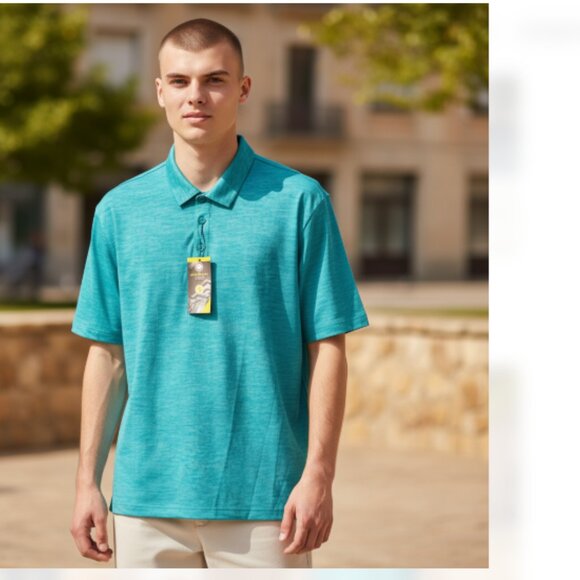 Member’s Mark Men’s Polo Shirt Sz XL NWT Heather Turquoise 4-Way Stretch UPF - Picture 10 of 14